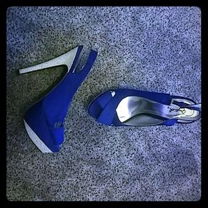 Qupid Sparkely Silver & Blue Satin Platform Heels